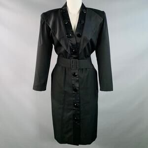 VICTOR COSTA Vintage Size M Black Wool Twill Belted Midi Cocktail Dress
